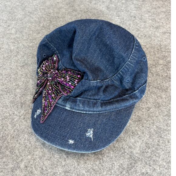 Mega Cap Hat Womens One Size Blue Denim Beaded Bow Embellished Distressed Y2K - Picture 3 of 7